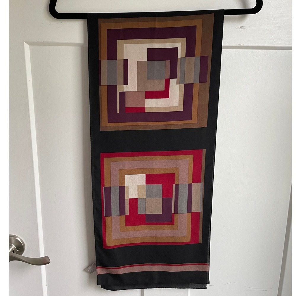 ECHO New York Vintage 100% Silk Geometric Oblong Scarf Mod Earthy Block Print